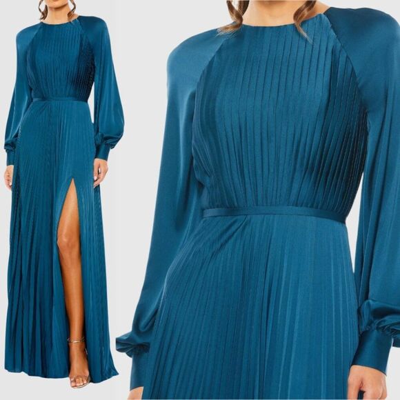 $498 Mac Duggal 26590 Size 8 Blue Pleated High Neck Long Sleeve Maxi Dress Gown - Picture 1 of 4
